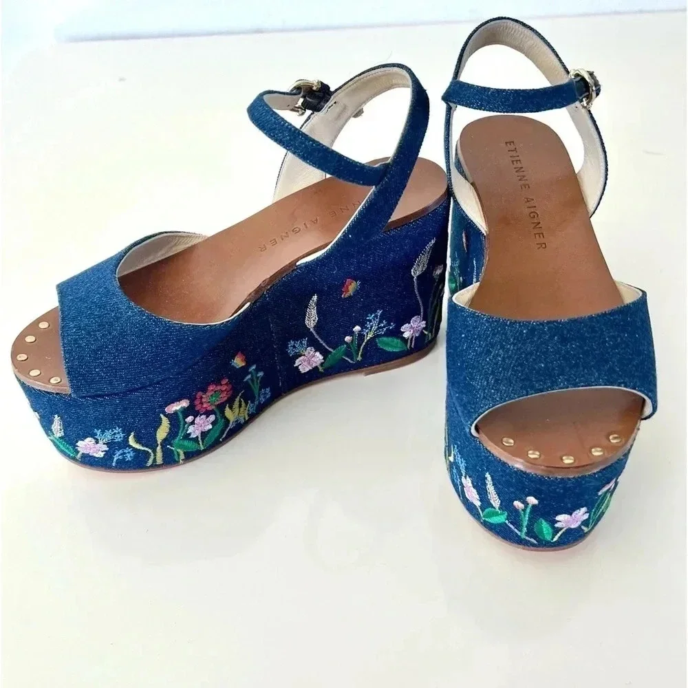 Etienne Aigner Sofhia Floral Embroidered Denim Platform Strappy Shoes Size 6.5